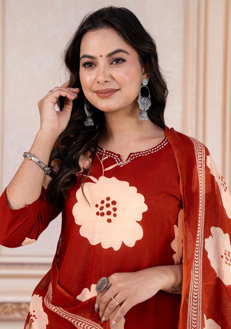 Red Printed Cotton Kurta Set - Indya