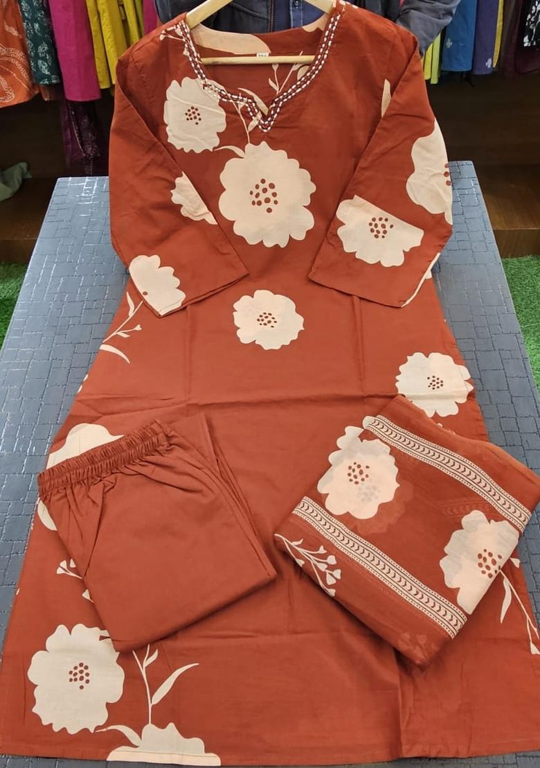 Red Printed Cotton Kurta Set - Indya
