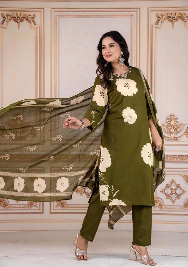 Green Printed Cotton Kurta Set - Indya
