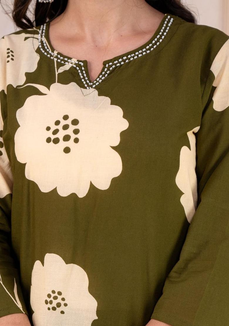 Green Printed Cotton Kurta Set - Indya