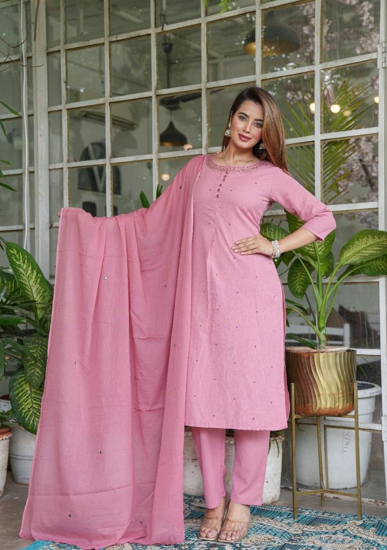 Pink Embroidered Cotton Kurta Set - Indya