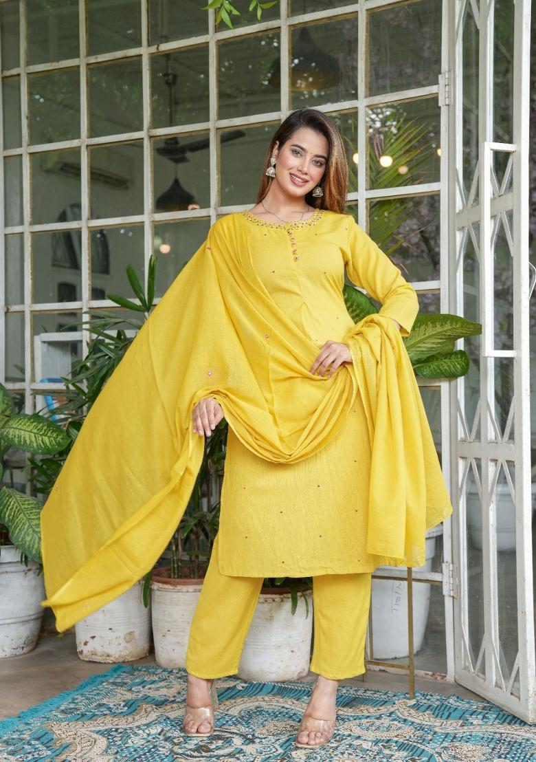 Yellow Embroidered Cotton Kurta Set - Indya