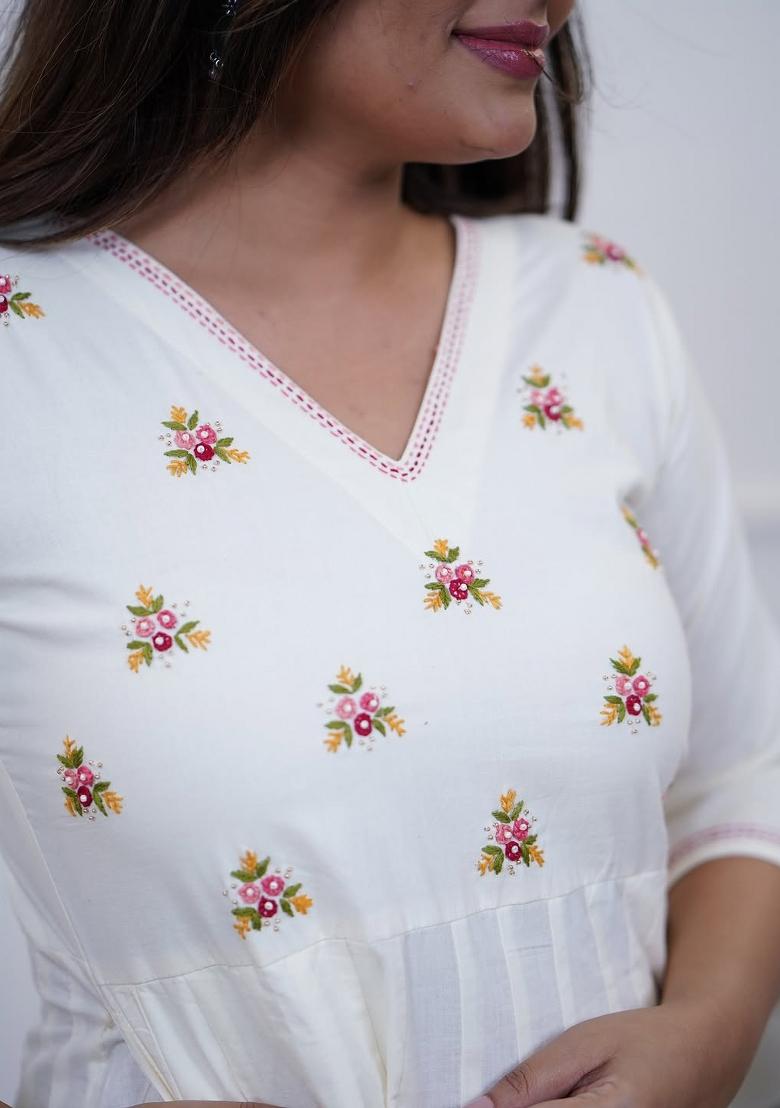 White Embroidered Cotton Kurta Set - Indya