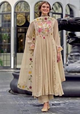 Beige Embroidered Cotton Kurta Set