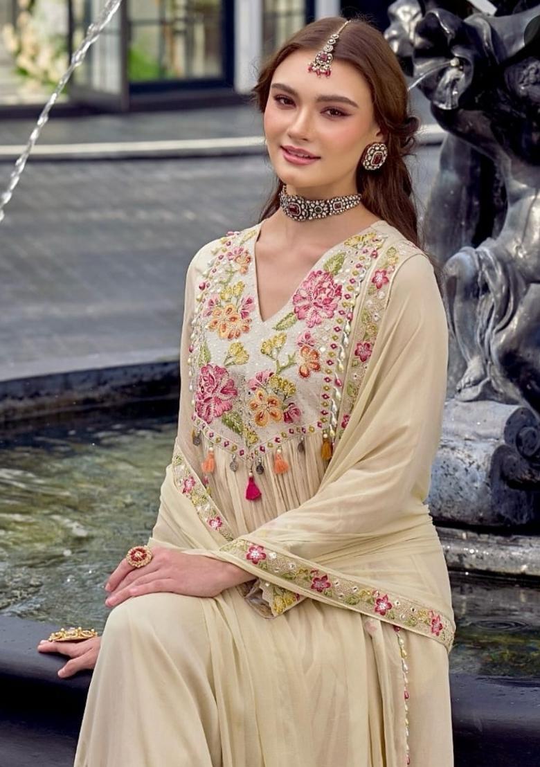 Beige Embroidered Cotton Kurta Set - Indya