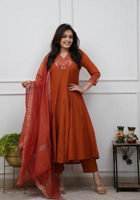 Copper Embroidered Cotton Kurta Set