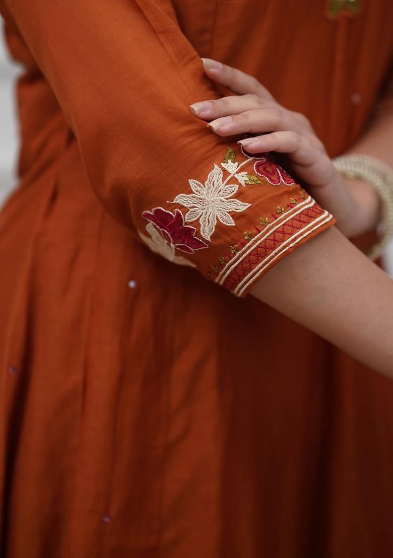 Copper Embroidered Cotton Kurta Set - Indya