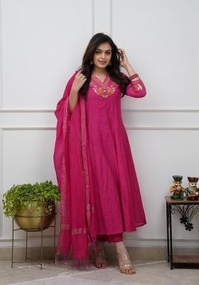 Pink Embroidered Cotton Kurta Set