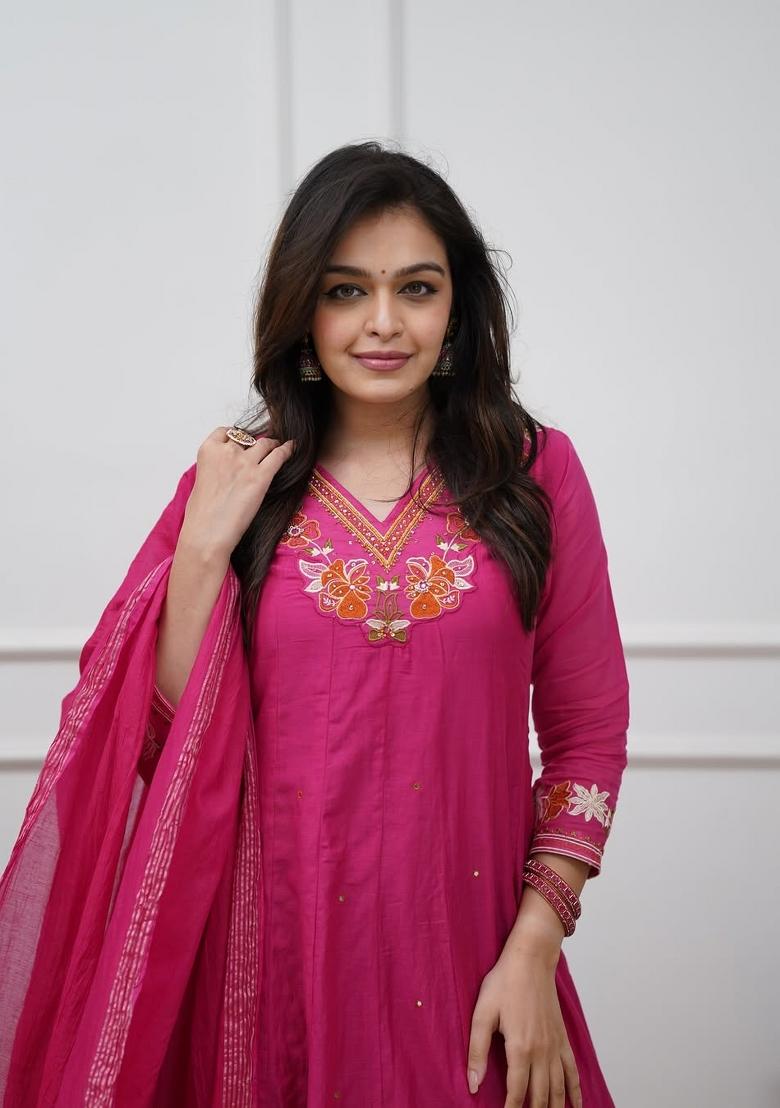 Pink Embroidered Cotton Kurta Set - Indya