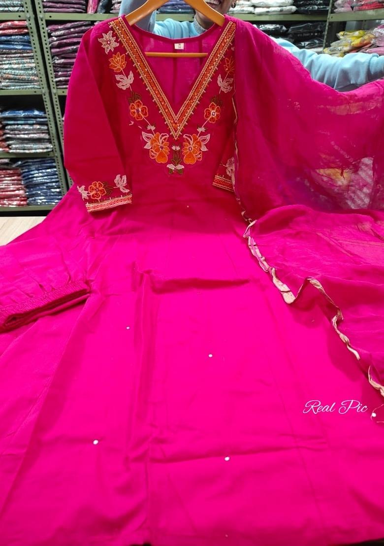 Pink Embroidered Cotton Kurta Set - Indya