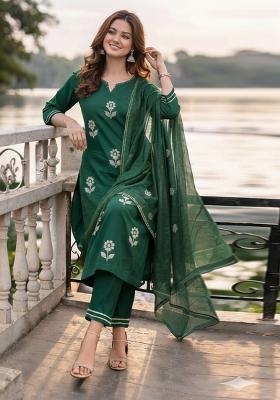 Green Embroidered Cotton Kurta Set