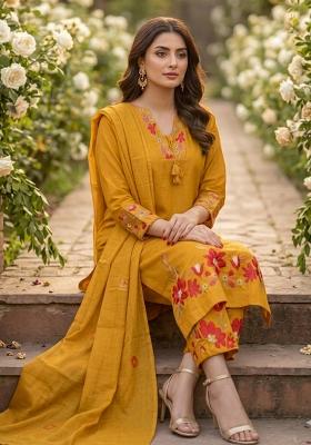 Yellow Embroidered Cotton Kurta Set