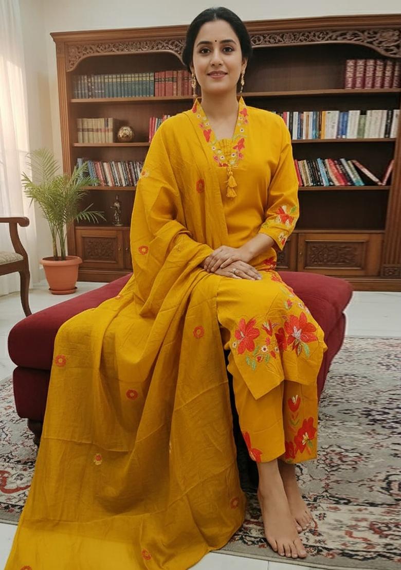 Yellow Embroidered Cotton Kurta Set - Indya