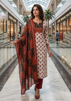 White Printed Cotton Kurta Set