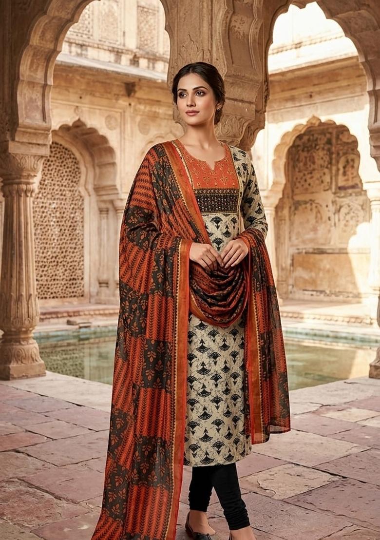 White Printed Cotton Kurta Set - Indya