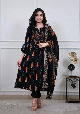 Black Embroidered Cotton Kurta Set