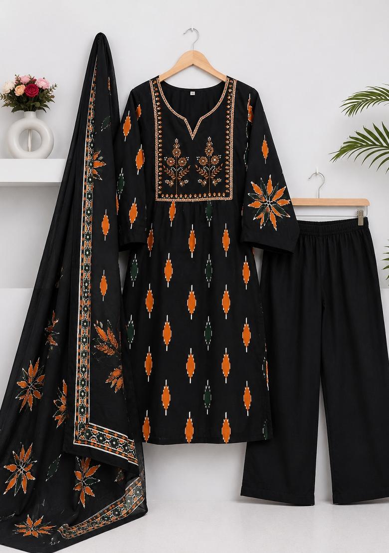 Black Embroidered Cotton Kurta Set - Indya