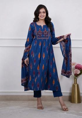 Blue Embroidered Cotton Kurta Set