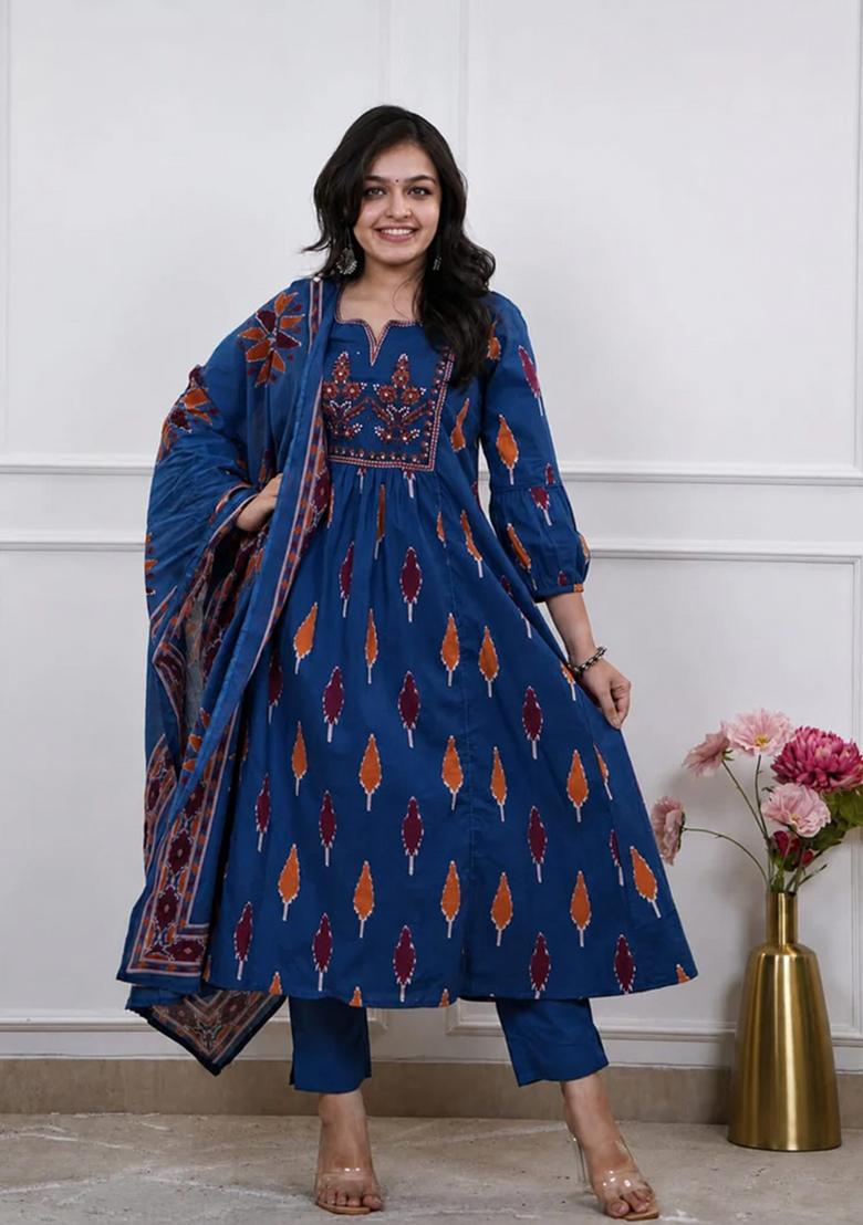 Blue Embroidered Cotton Kurta Set - Indya