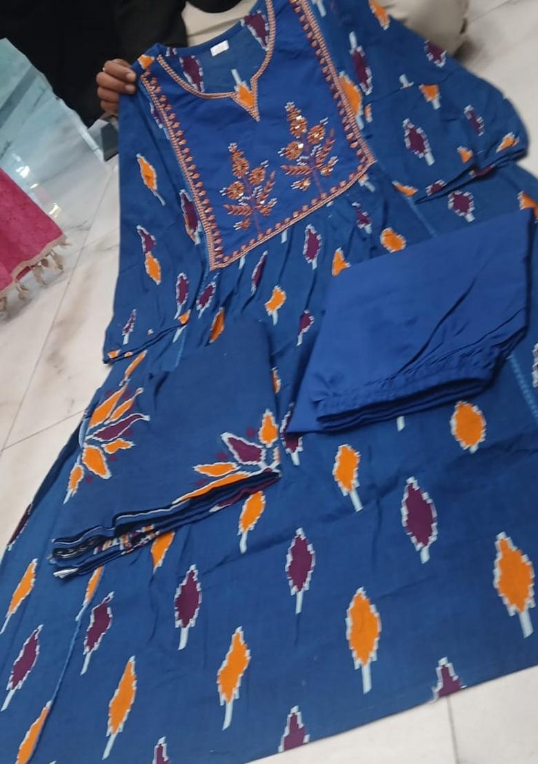 Blue Embroidered Cotton Kurta Set - Indya