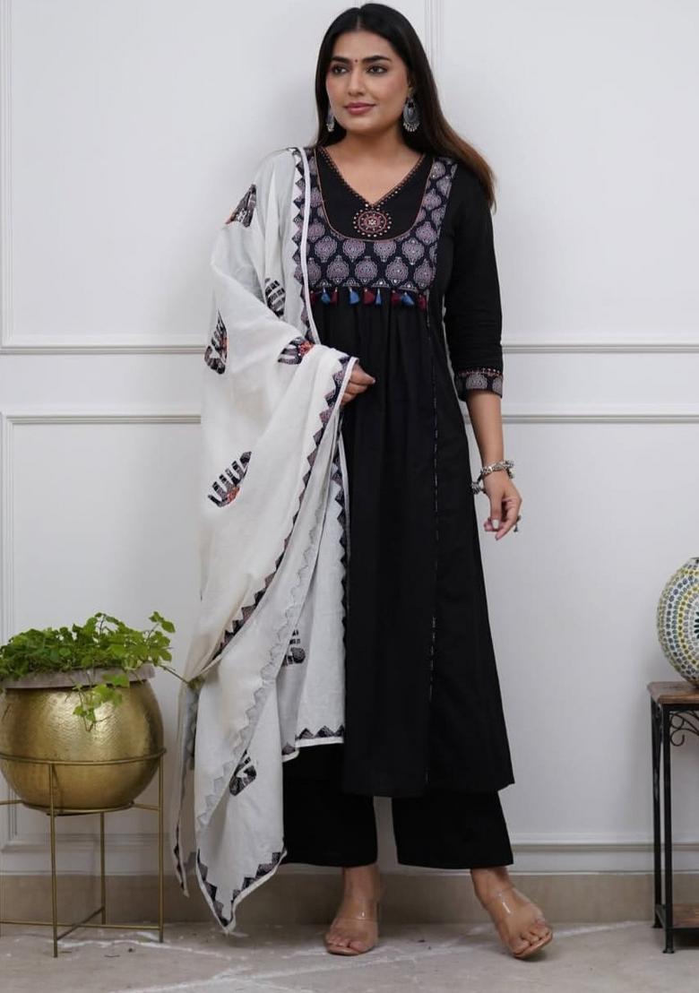 Black Printed Cotton Kurta Set - Indya