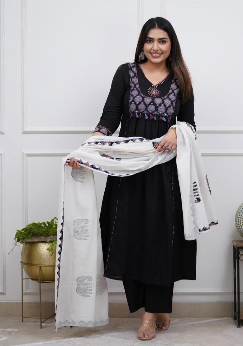 Black Printed Cotton Kurta Set - Indya
