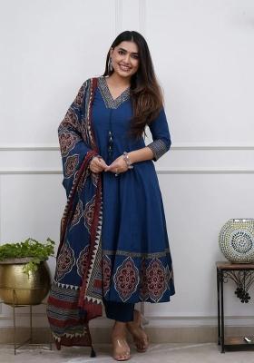 Blue Printed Cotton Kurta Set