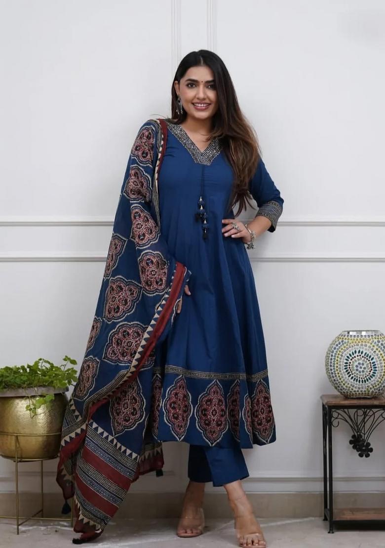 Blue Printed Cotton Kurta Set - Indya