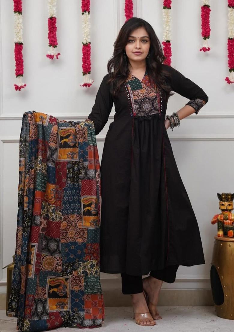 Black Printed Cotton Kurta Set - Indya