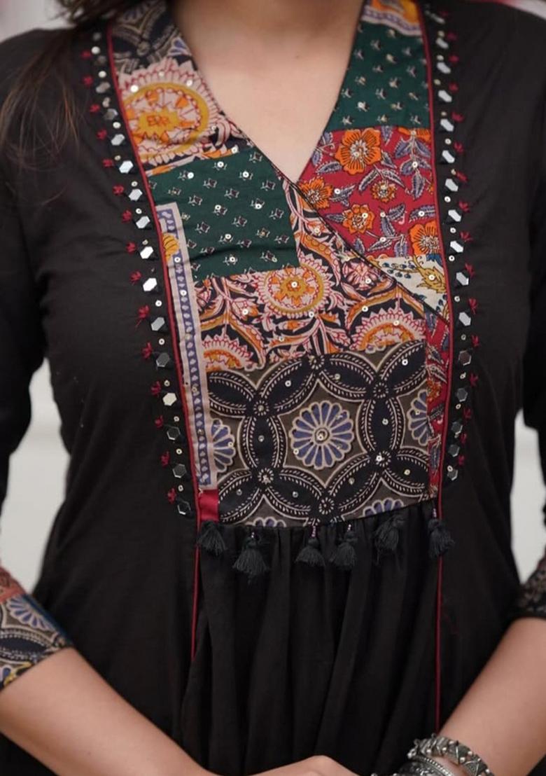 Black Printed Cotton Kurta Set - Indya