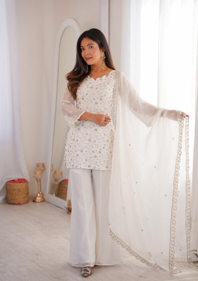 Off White Zari Work Silk Sharara Suit - Indya