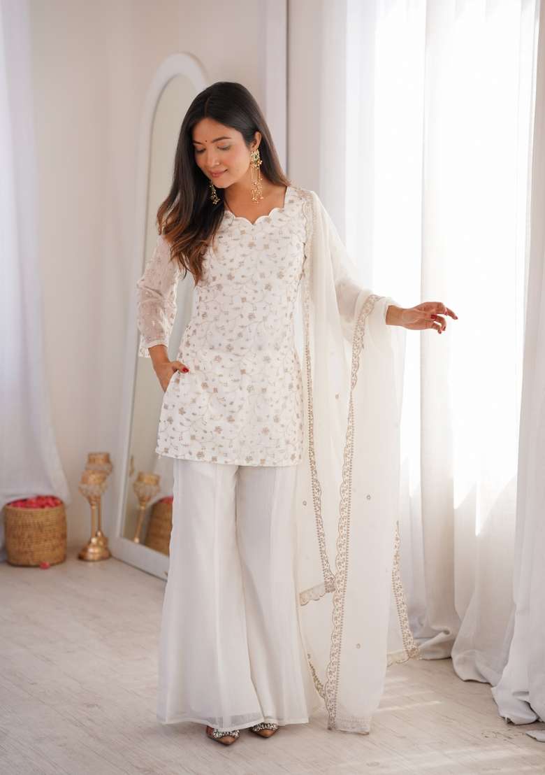 Off White Zari Work Silk Sharara Suit - Indya