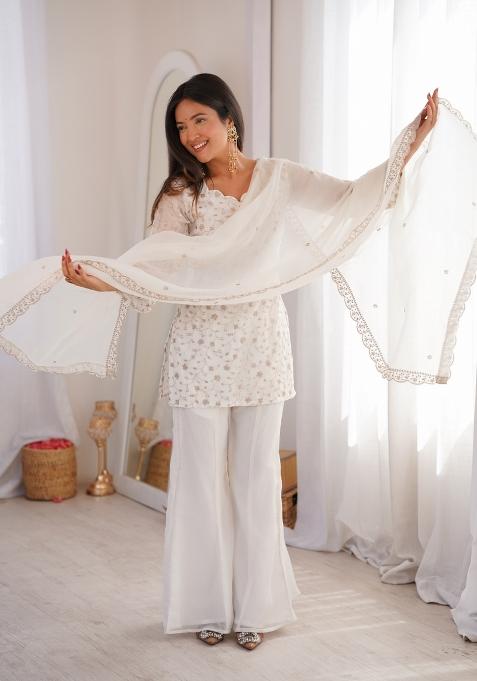 Off White Zari Work Silk Sharara Suit