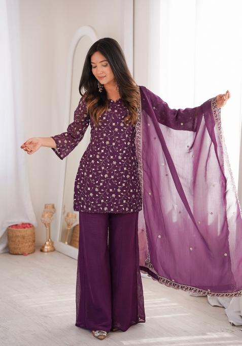 Wine Zari Work Silk Sharara Suit