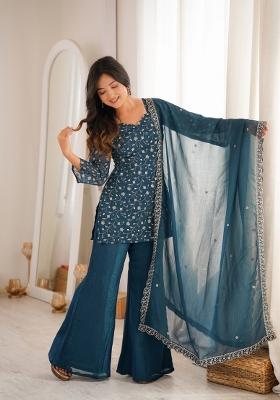 Teal Blue Zari Work Silk Sharara Suit