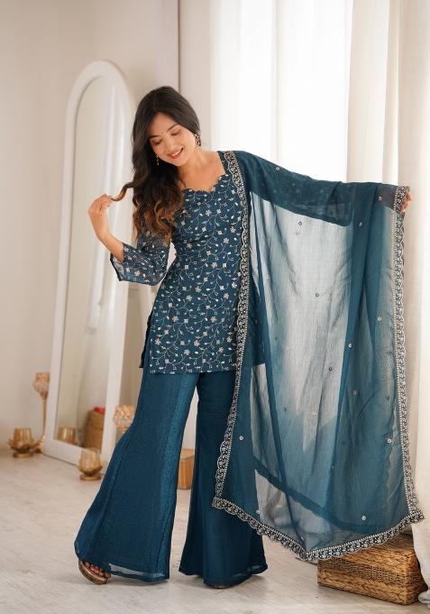 Teal Blue Zari Work Silk Sharara Suit