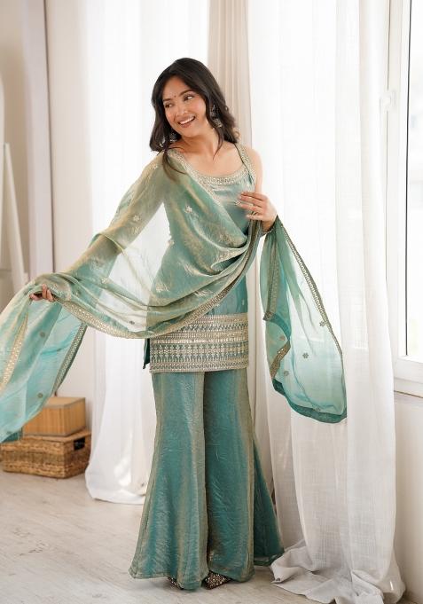 Sea Green Sequin Work Silk Sharara Suit