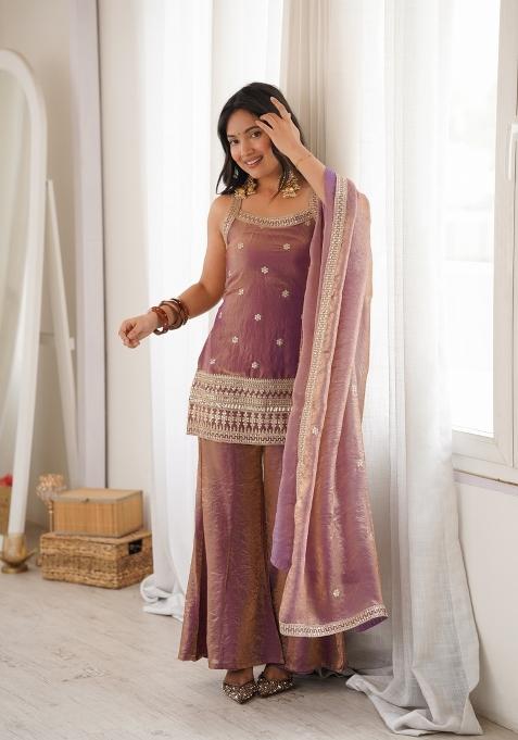 Dusty Pink Sequin Work Silk Sharara Suit
