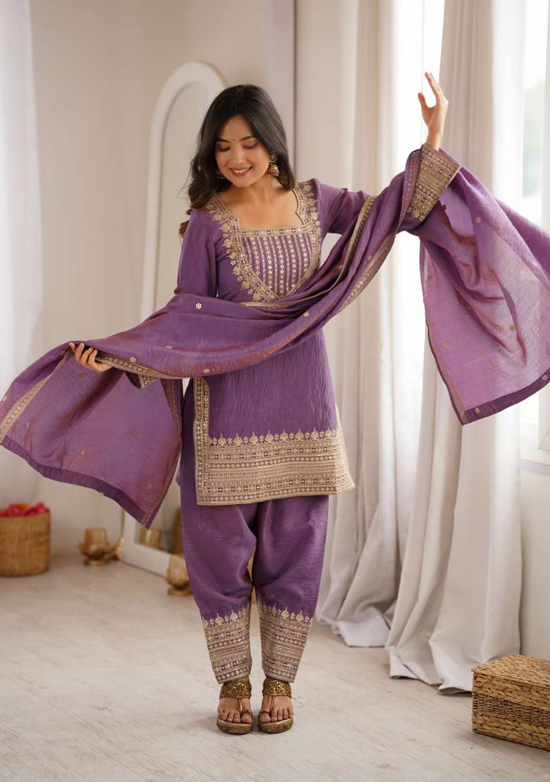 Onion Pink Sequin Work Silk Blend Kurta Set - Indya