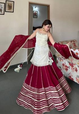 White Mirror Work Silk Blend Lehenga Set