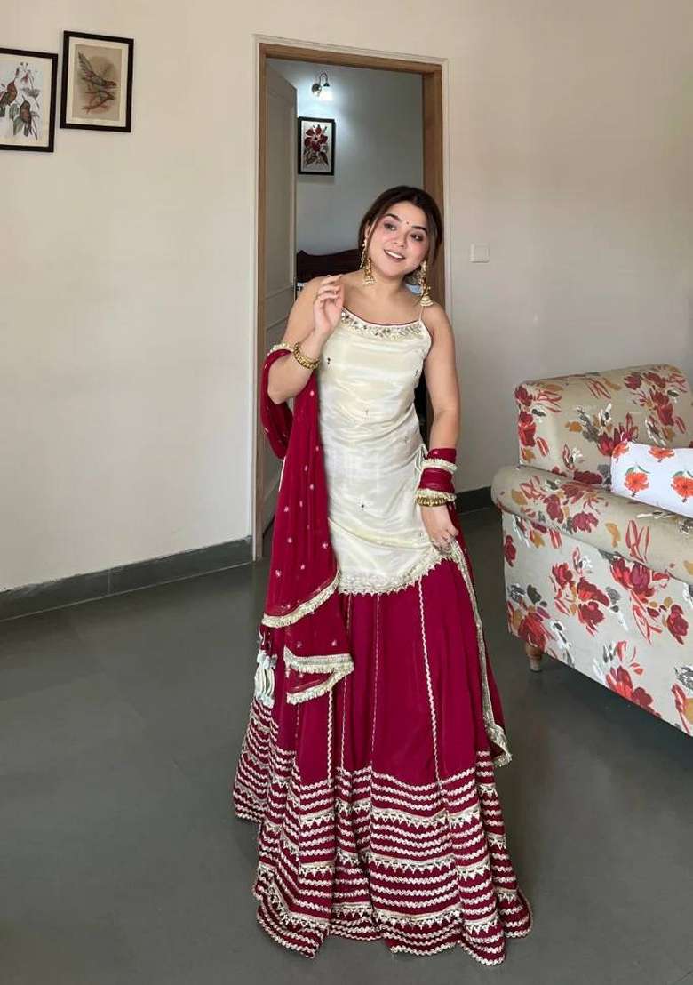 White Silk Blend Lehenga Set with Mirror Work for Diwali | Wedding & Festive Wear - Indya