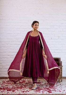 Maroon Beads Work Silk Blend Anarkali Set