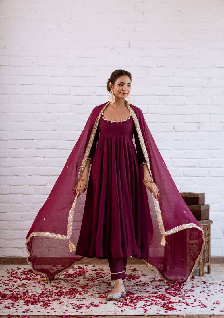 Maroon Beads Work Silk Blend Anarkali Set - Indya