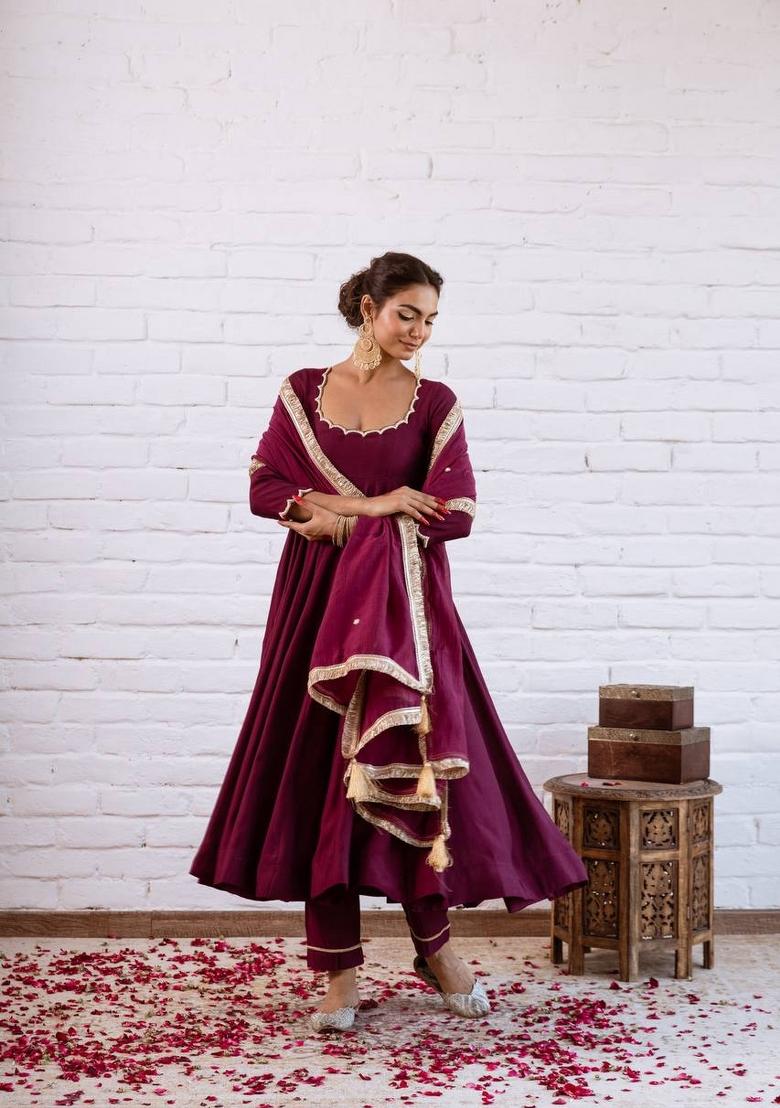 Maroon Beads Work Silk Blend Anarkali Set - Indya
