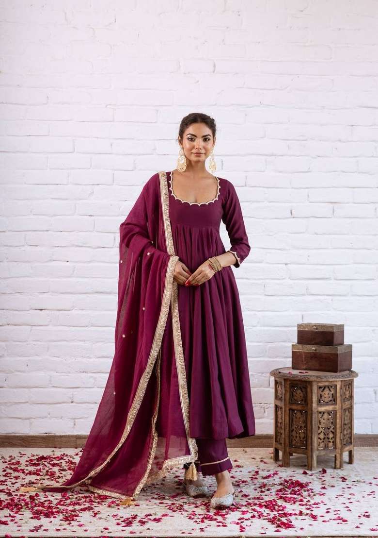 Maroon Beads Work Silk Blend Anarkali Set - Indya