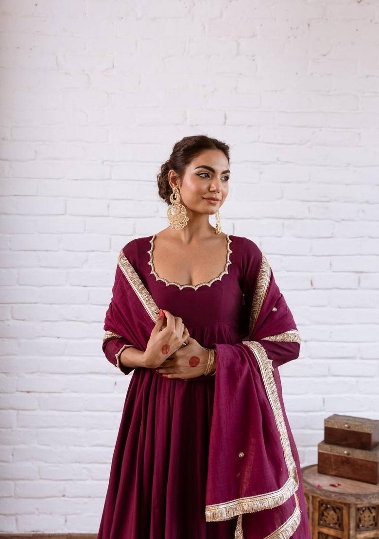 Maroon Beads Work Silk Blend Anarkali Set - Indya