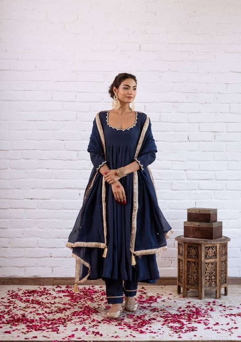Navy Blue Beads Work Silk Blend Anarkali Set - Indya
