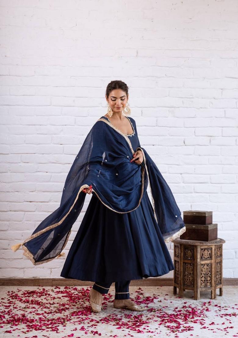 Navy Blue Beads Work Silk Blend Anarkali Set - Indya