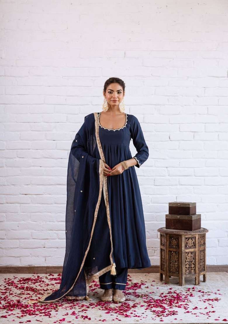 Navy Blue Beads Work Silk Blend Anarkali Set - Indya