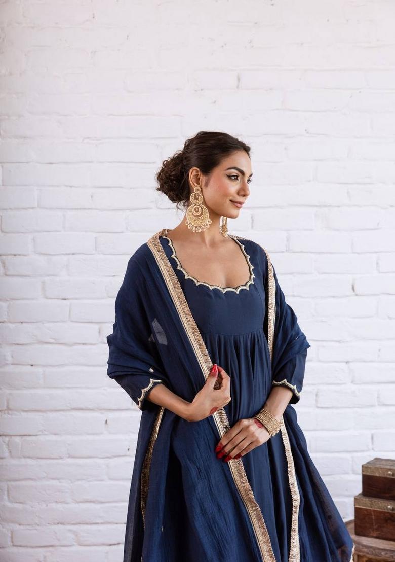 Navy Blue Beads Work Silk Blend Anarkali Set - Indya